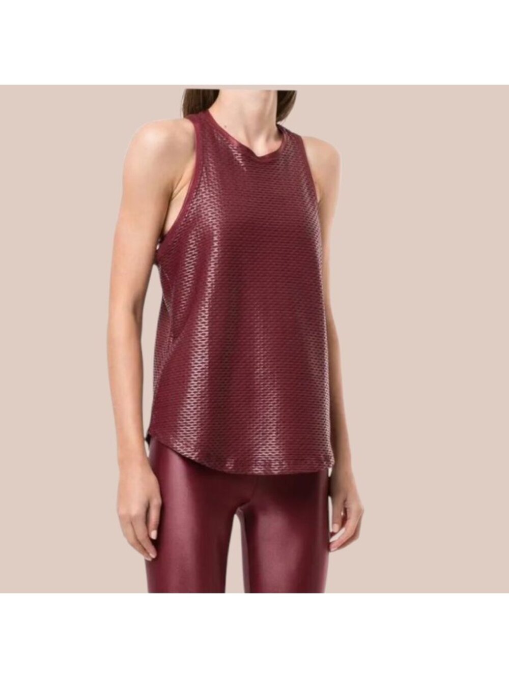 Koral Womens Shiny Sleeveless Racerback & net pattern Top  Burgundy Size Xsmall